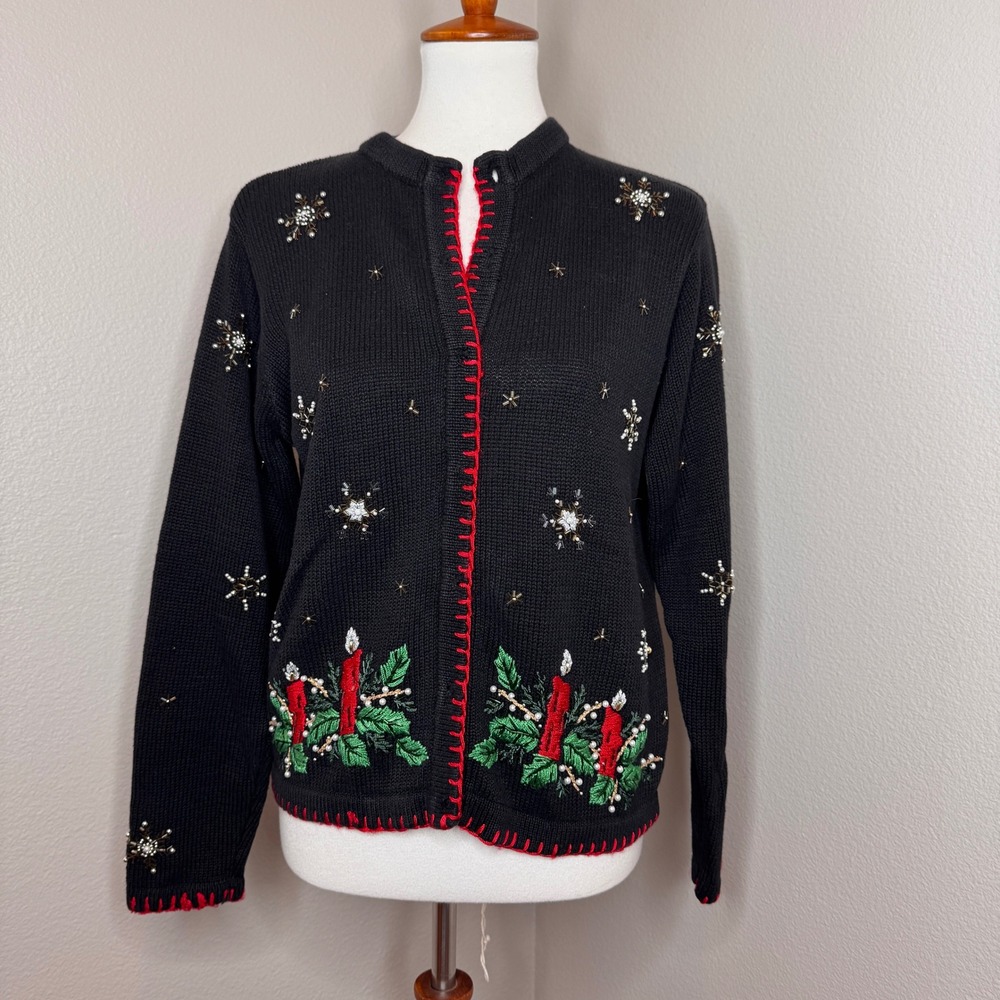 VICTORIA JONES Christmas Holiday Cardigan‎ Sweater MED Candles Snowflakes Beaded